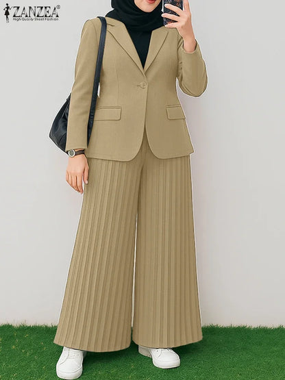 ZANZEA Autumn Office Outfits Women 2 Piece Sets Elegant Long Sleeve Blazer Wide Leg Pleated Trousers Suit Muslim Tracksuits 2025