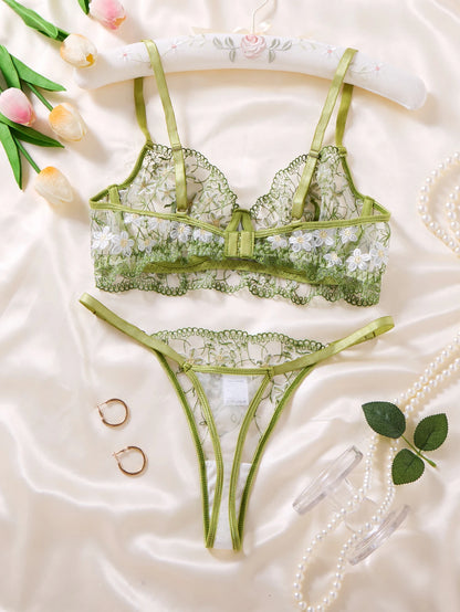 Ladies Sage Green Flower Embroidered Lace Bra Thong Set Sheer Mesh Lingerie Outfit Romantic Intimate Sleepwear ZA825194