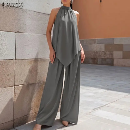 ZANZEA Women Street Fashoin Matching Pant Sets Summer Asymmetrical Hem Sleeveless Tops & Wide Leg Pants 2 Pieces Suits Outfits
