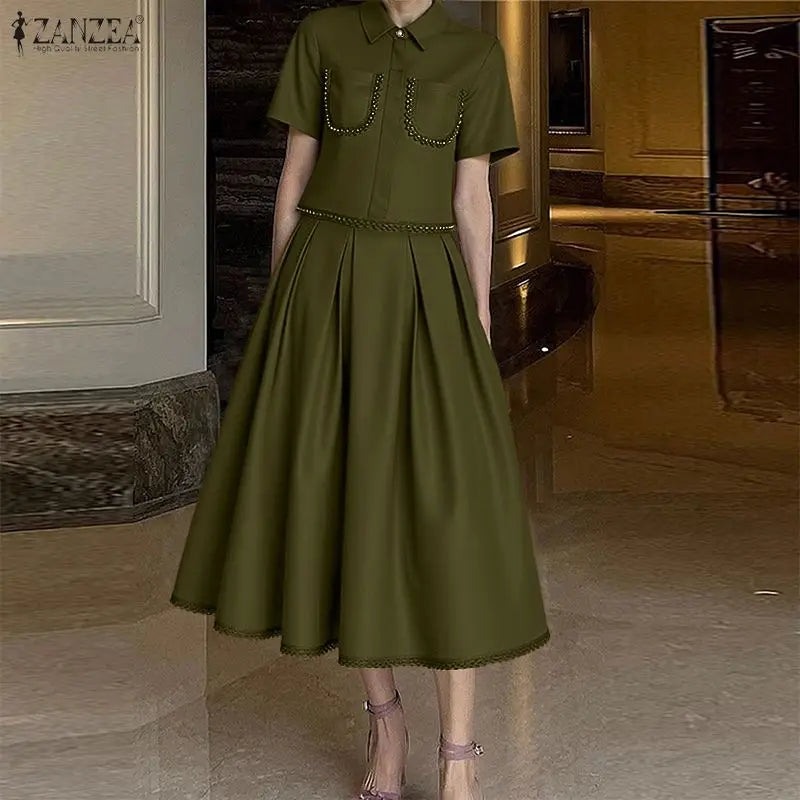 ZANZEA Women's Elegant Lace Trim Skirt Suits Casual Short Sleeve Cropped Shirt & Pleated A-Line Skirts 2 Pieces Sets Outfits 3XL