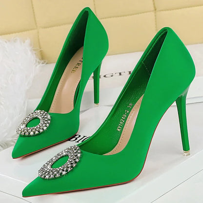BIGTREE Shoes Women 7.5 cm Heels Rhinestone Round Buckle Women Pumps Silks Satins High Heels Sexy Party Shoes Large Size 34-43