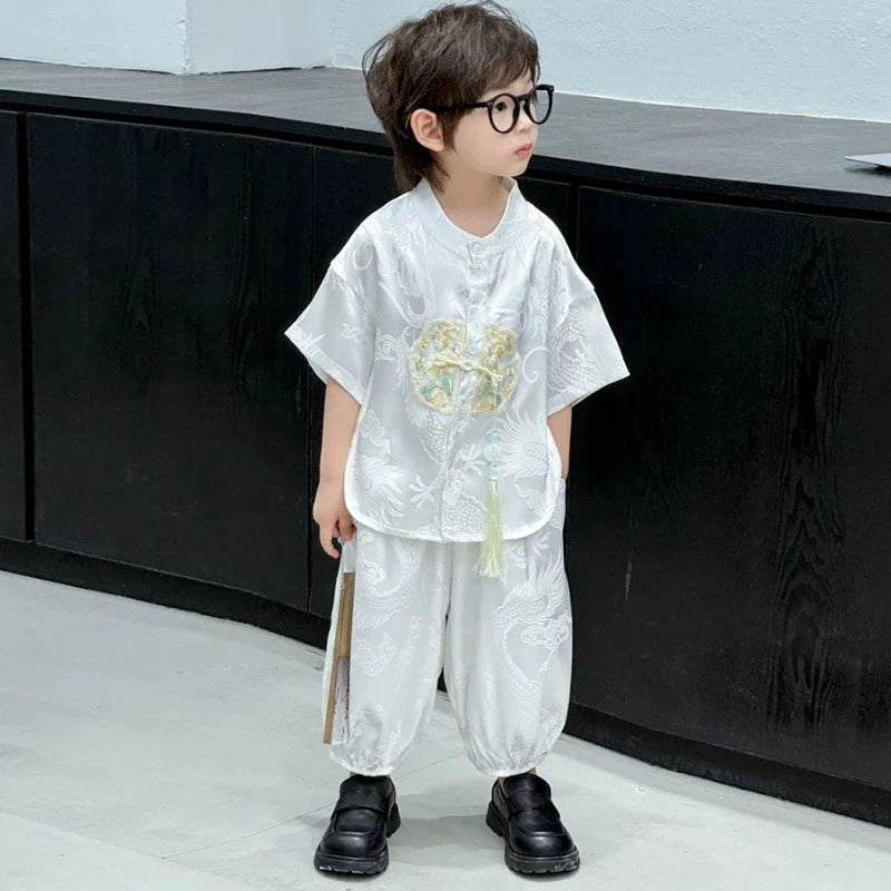 Short Sleeve Tops Shorts 2 Piece Set Boy Outfit Casual Kids Clothes Baby Tang Hanfu Suit Boys Costume Children's Sets Summer