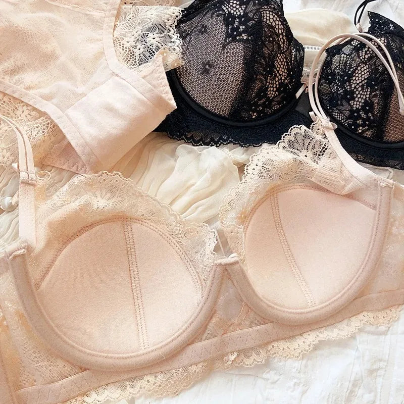 New Women Lingerie Set Sexy Lace Push Up Bra French 3/4 Thin Cup Bralette Cute Bow Decoration Underwear Comfort Bras Briefs Sets