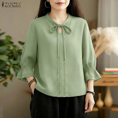 ZANZEA Women Elegant Lace Paneled Blouses Lace-Up V-Neck 3/4 Sleeves Tops Summer Daily Casual Solid Color Blusas de Mujer