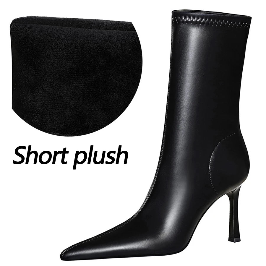 BIGTREE Shoes Ladies' Leather Boots Pointed End Women Ankle Boots Stiletto Heels Ladies Shoes Autumn Winter Shoes Short Boots