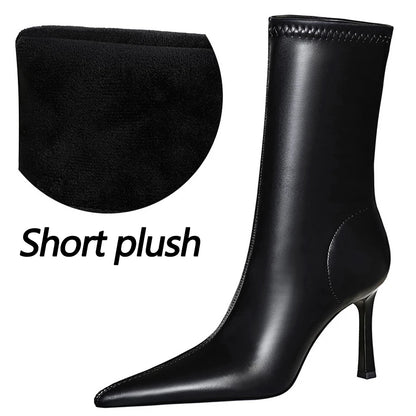 BIGTREE Shoes Ladies' Leather Boots Pointed End Women Ankle Boots Stiletto Heels Ladies Shoes Autumn Winter Shoes Short Boots