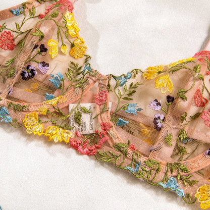 2-Piece Fashion Floral Lingerie Set Embroidery Sheer Underwear Intimates Underwire Push-up Versatile Bra Panty Set For Lady Girl