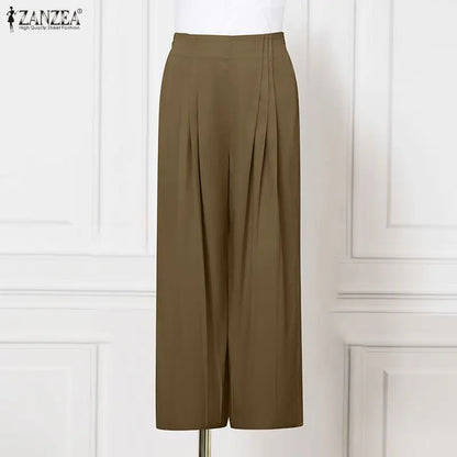ZANZEA Women Pants Pleated Casual Wide Leg Long Trousers 2026 Summer Office Lady Wide Leg Capris Solid Color Elegant Bottoms