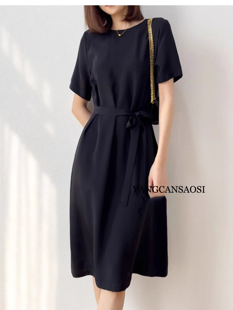 2026 Summer New 26MM 93%Natural Mulberry Silk Elastic Heavy Wrinkle Round Neck Short Sleeve Straight Mid Length Women's Dress