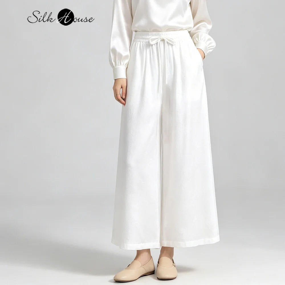 Plus Size Simple White Versatile 100% Natural Mulberry Silk SangBo Satin Drawstring Elastic Waist Women's Casual Wide Leg Pants