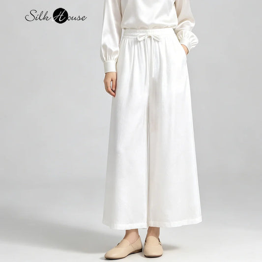 Plus Size Simple White Versatile 100% Natural Mulberry Silk SangBo Satin Drawstring Elastic Waist Women's Casual Wide Leg Pants