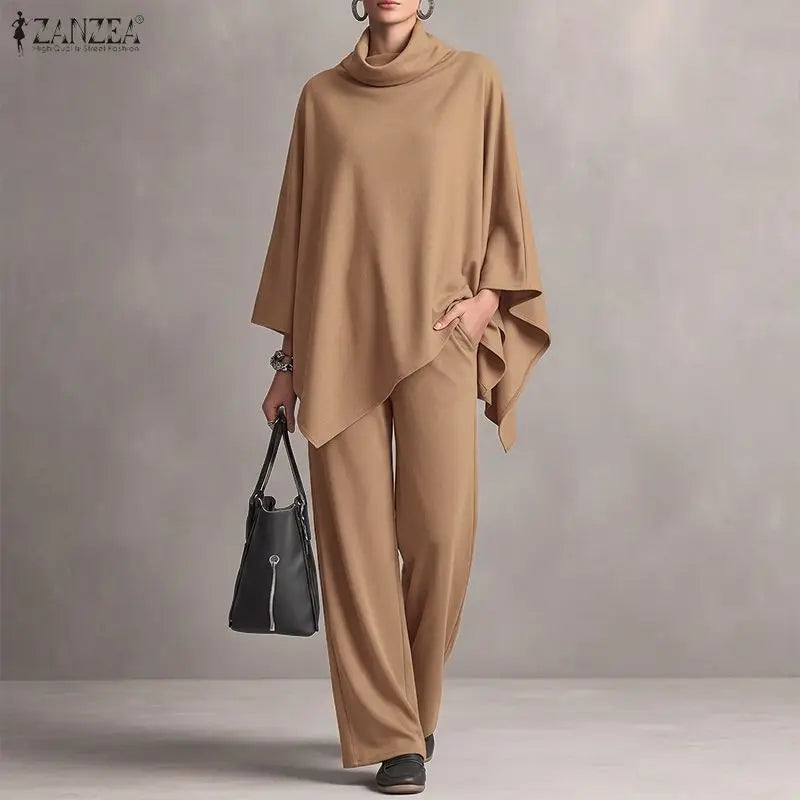 ZANZEA Women Minimalist Pant Sets Autumn Turtleneck 3/4 Sleeve Asymmetrical Hem Blouse & Pant 2pcs Sets Brushed Knit Co-ords