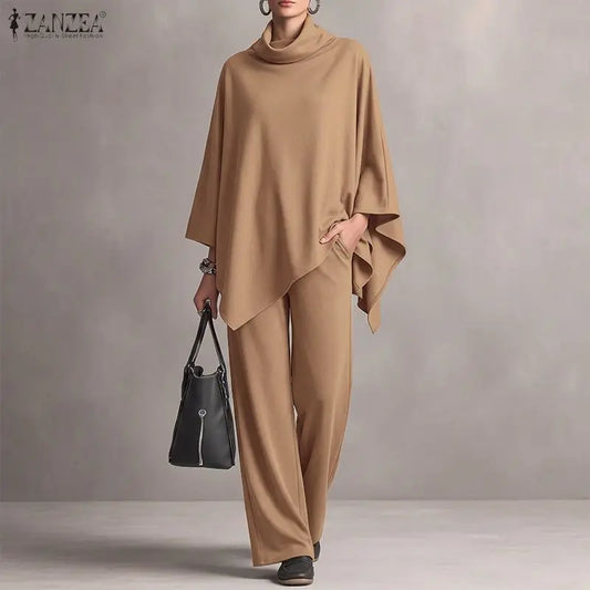 ZANZEA Women Minimalist Pant Sets Autumn Turtleneck 3/4 Sleeve Asymmetrical Hem Blouse & Pant 2pcs Sets Brushed Knit Co-ords