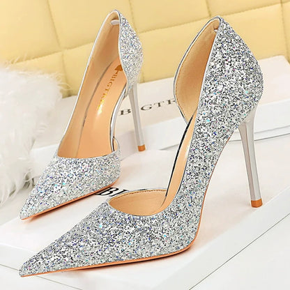 Women 7cm 10.5cm Super High Heels Blue Gold Pumps Sexy Sequins Bling Low Heels Lady Scarpins Luxury Stiletto Sparkly Party Shoes