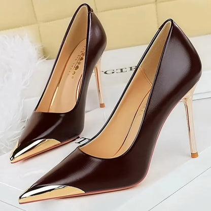 BIGTREE Shoes Retro High Heels Metal Pointed Tip Women Pumps Stiletto 9.5 Cm 4.5cm Heels Sexy Party Shoes Fashion Office Shoes