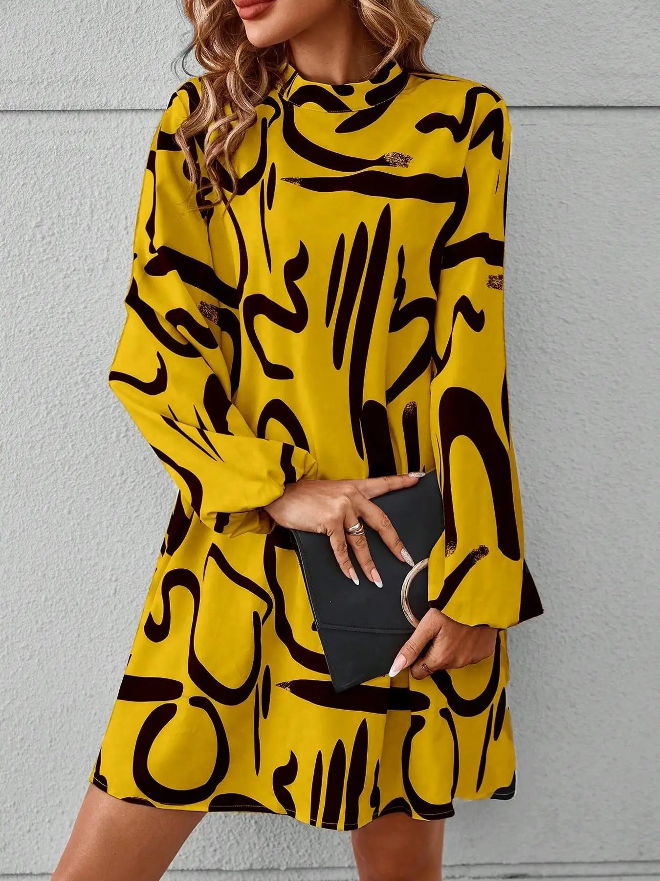 Women's All Over Print Keyhole Neckline Tunic Dress, Sleeve Short Dress for Fall & Winter, Women's Clothing for Daily Wear