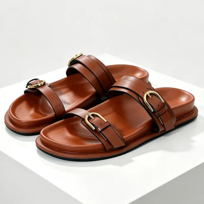 Retro Metal Belt Buckle Detail Flat Slippers for Ladies Comfort Platform Slide Sandals Summer Sexy Open Toe Beach Designer Shoes