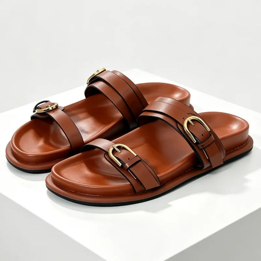 Retro Metal Belt Buckle Detail Flat Slippers for Ladies Comfort Platform Slide Sandals Summer Sexy Open Toe Beach Designer Shoes