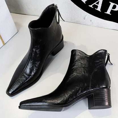 Retro Scratch Pattern Women's Boots, Thick Heel, Pointed Toe Short Boots , Slimming Women Ankle Boots Mid Heel Leather Boots