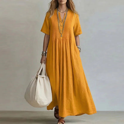 Retro Solid Cotton Linen Maxi Dress Woman Spring Sexy V Neck Draped Pocket Long Dress Summer Short Sleeve High Waist Party Dress