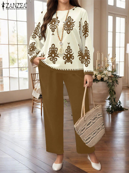 Plus Size Sets ZANZEA 2026 Autumn Women Elegant Pants Sets Vintage Printed Long Sleeve Tops Long Pants Office Lady Suits Casual