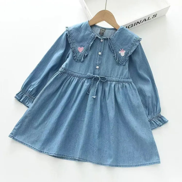 2026 Spring Autumn New 3 4 6 8 10 12 Years Embroidery Flower Long Short Sleeve Double Use Denim Blue Kids Girl Dress With Belt