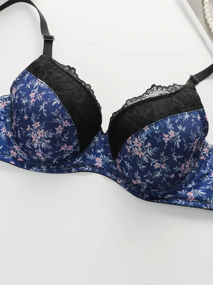 Women's Sexy Printed Lace Edge Bra Set With Steel Ring Gathering Push Up Daily Close Fitting Underwear Set B6016