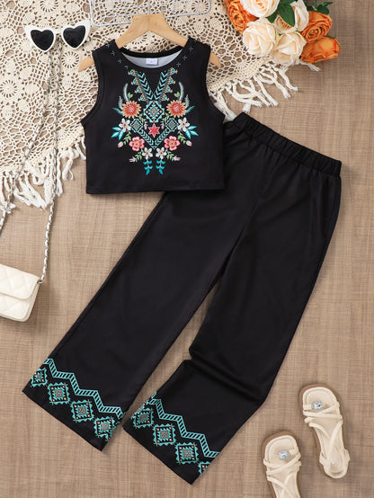 Girls 2pcs Set Summer Casual Ethnic Floral Print Short Tank Top And Straight Leg Pants Outfit for Daily Wear And Outdoor Sports