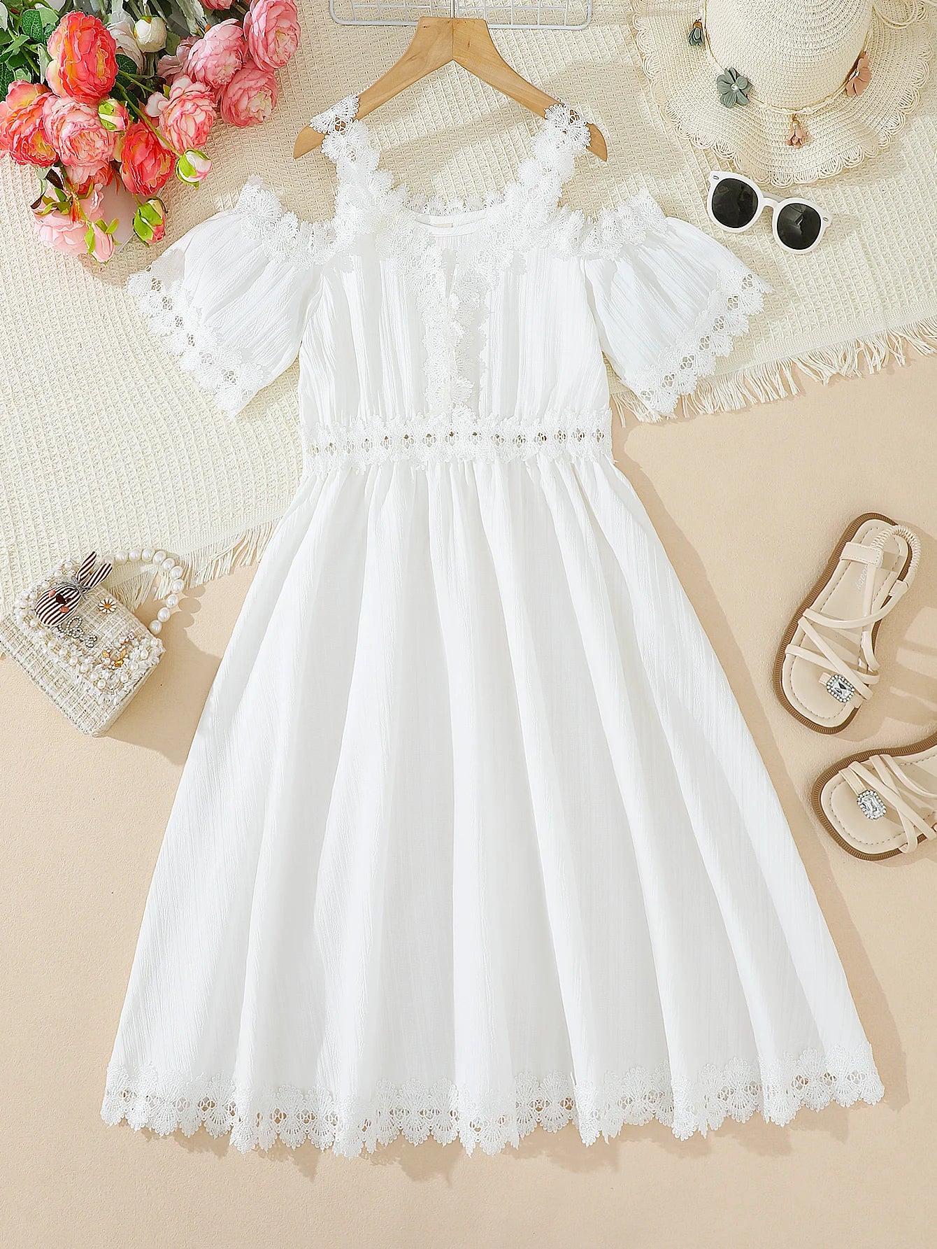 Tween Girls' Lace Trim Fashion Princess Dress Summer Outdoor Beach Vacation Suitable One Piece Children's Clothing