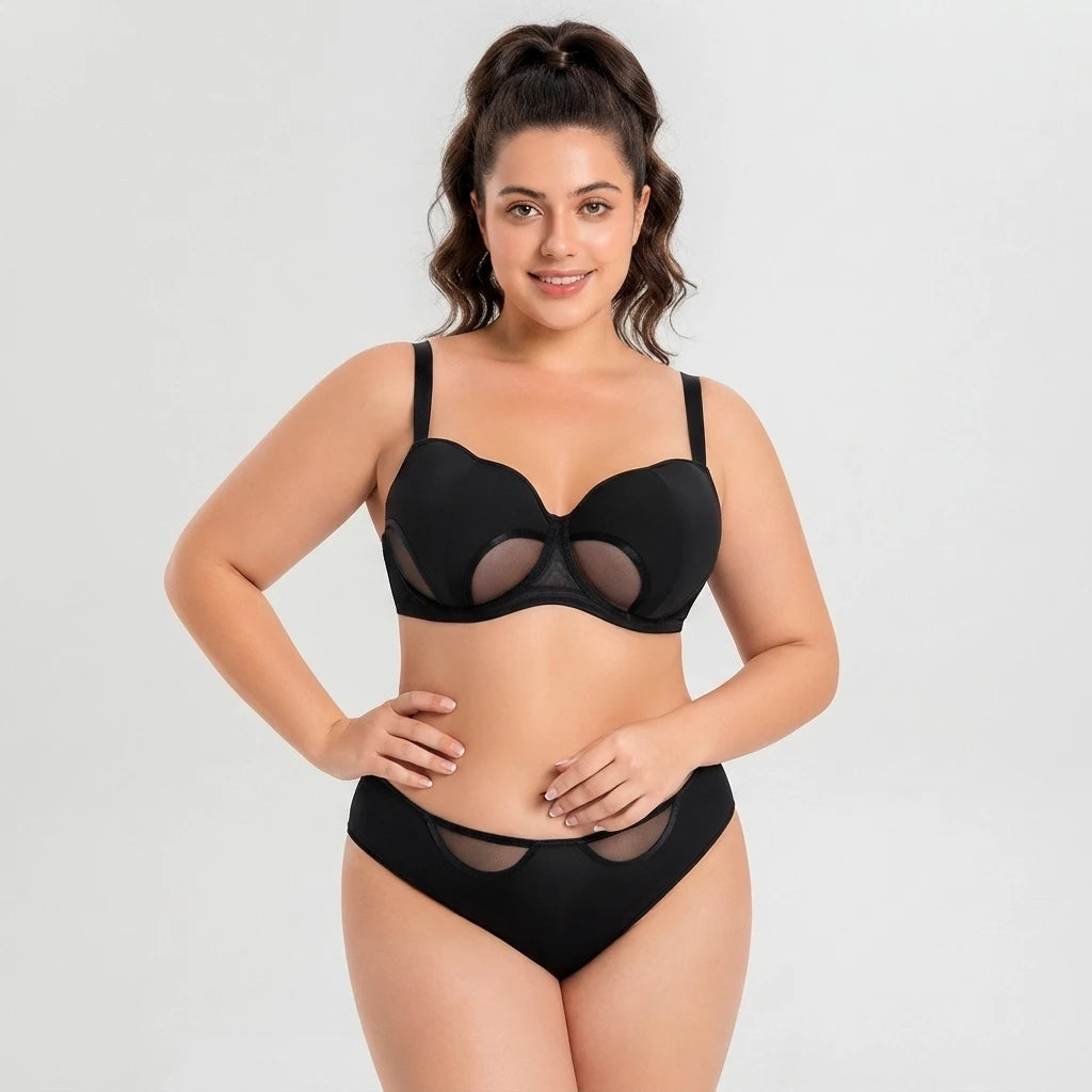 Women Plus Size Minimizer Sheer Mesh Bra And Panty Set Underwire Full Coverage Big Cup D E F G H I Curvy Lingerie 2 Pieces D