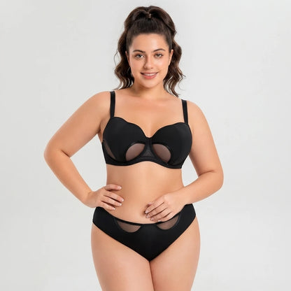 Women Plus Size Minimizer Sheer Mesh Bra And Panty Set Underwire Full Coverage Big Cup D E F G H I Curvy Lingerie 2 Pieces D