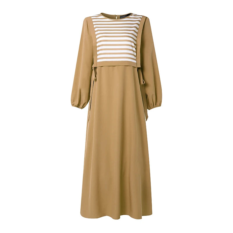ZANZEA Stylish Women Striped Patchwork Muslim Dress Abaya Elegant Maxi Long Dress Dubai Robe Kaftan O Neck Long Sleeve Sundress
