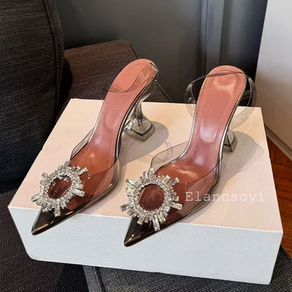 Summer Crystal Flower High Heels Women Transparent PVC Cup Heels Sandals Pointed Toe Back Strap Sandalias Sexy Party Dress Shoes