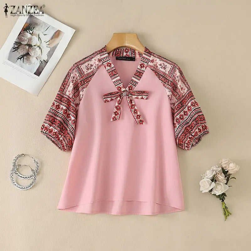 ZANZEA Bohemian Printing Patchwork Blouses Woman Elegant Tie Neck Lantern Sleeves Loose Tops Summer Casual Daily Wear Blusas