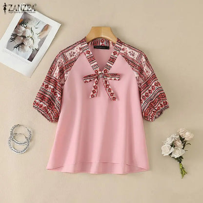 ZANZEA Bohemian Printing Patchwork Blouses Woman Elegant Tie Neck Lantern Sleeves Loose Tops Summer Casual Daily Wear Blusas