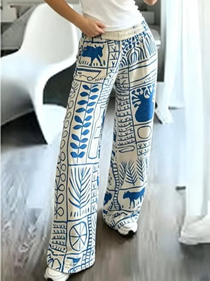 Fashionable Wife's Trendy Bohemian Style Blue Geometric Hand-Painted Print Wide-Leg Pants, High-Waisted Stretch Pants, Summer Beach Vacation Outdoor Casual Pants