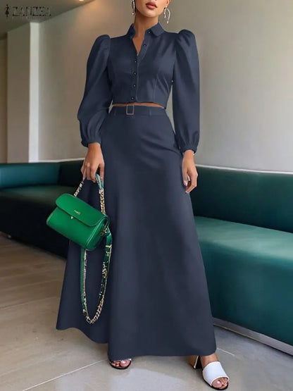 Fashion 2026 Spring Outfits ZANZEA Women 2 Piece Sets Elegant Long Sleeve Blouse Dress Sets Stylish OL Tracksuit Streetwear Suit