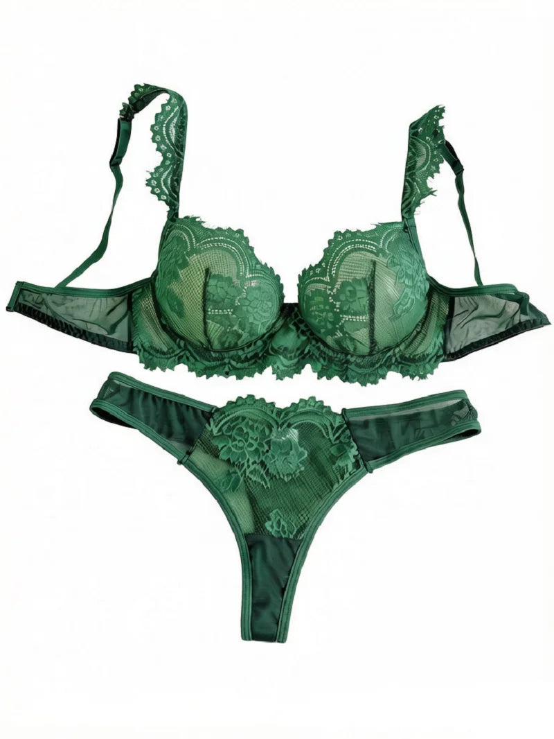 Vintage Romantic Dark Green Lace Lingeri Sheer Mesh Longline Bra 2 Pieces Elegant Boudoir Intimate Outfit