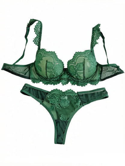 Vintage Romantic Dark Green Lace Lingeri Sheer Mesh Longline Bra 2 Pieces Elegant Boudoir Intimate Outfit