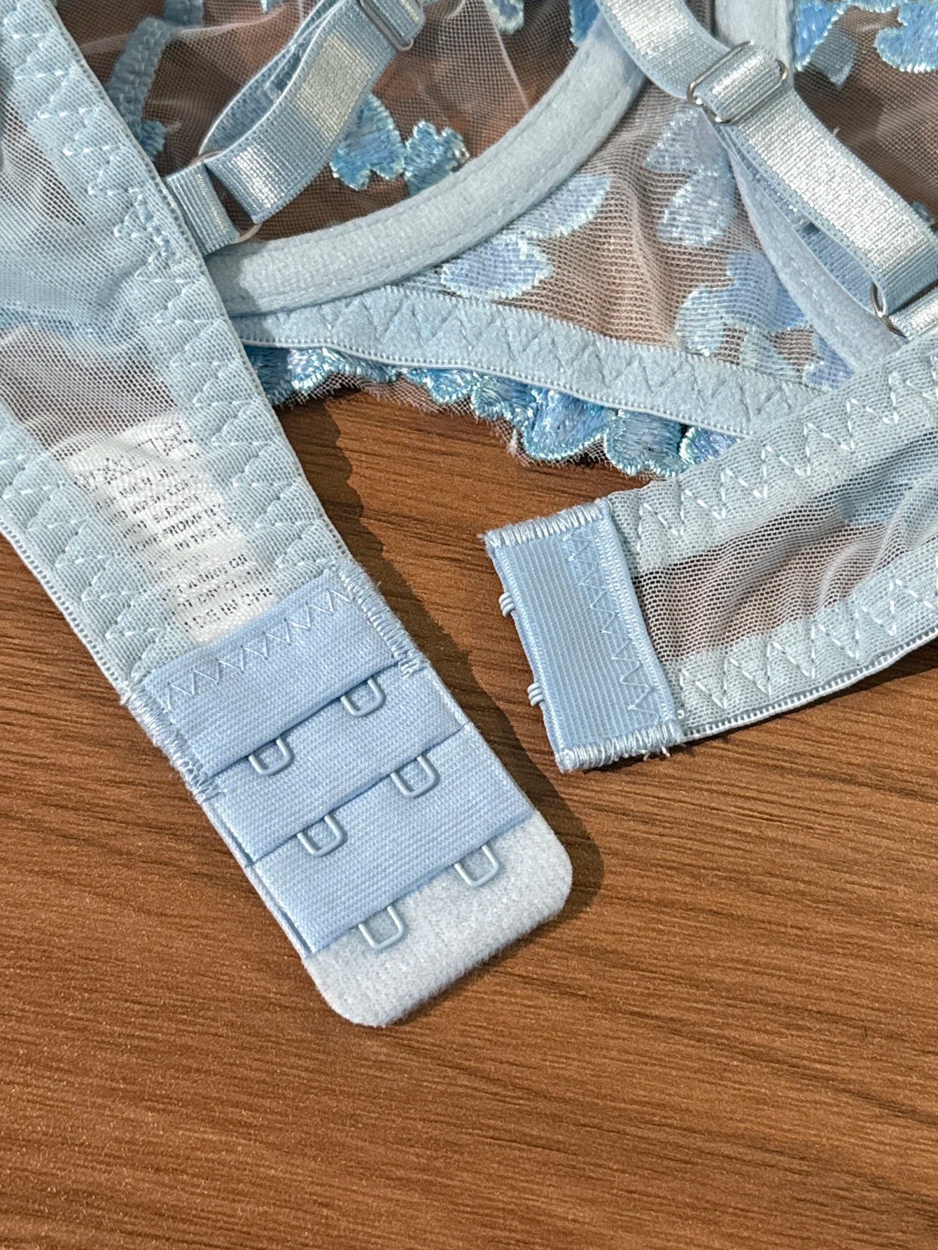 French Romantic Dreamy Light Blue Heart Embroidery Lace Underwear Set with Transparent Mesh Butterfly Knot Shoulder Strap Design
