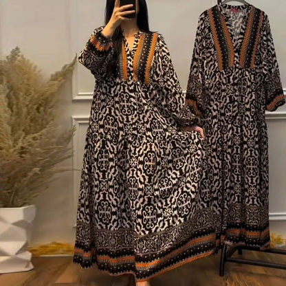 Geometric Pattern Printed Loose Robe Dress Retro Women V Neck High Waisted Long Sleeved Dress Elegant Pleated Autumn Party Dress