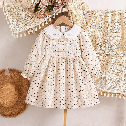 2‑6Y Girls 100% Cotton Floral Dress Spring Autumn Long Sleeve Embroidery Doll Collar Sweet A‑Line Princess Kids Party Dress