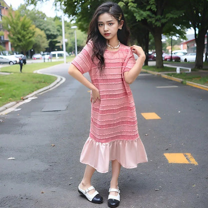 Summer Short-sleeved Fishtail Skirt Junior Girls' Clothing Korean Kids Clothes Year Old Dress 10 12 Years Frocks Girl 11 Beach 9