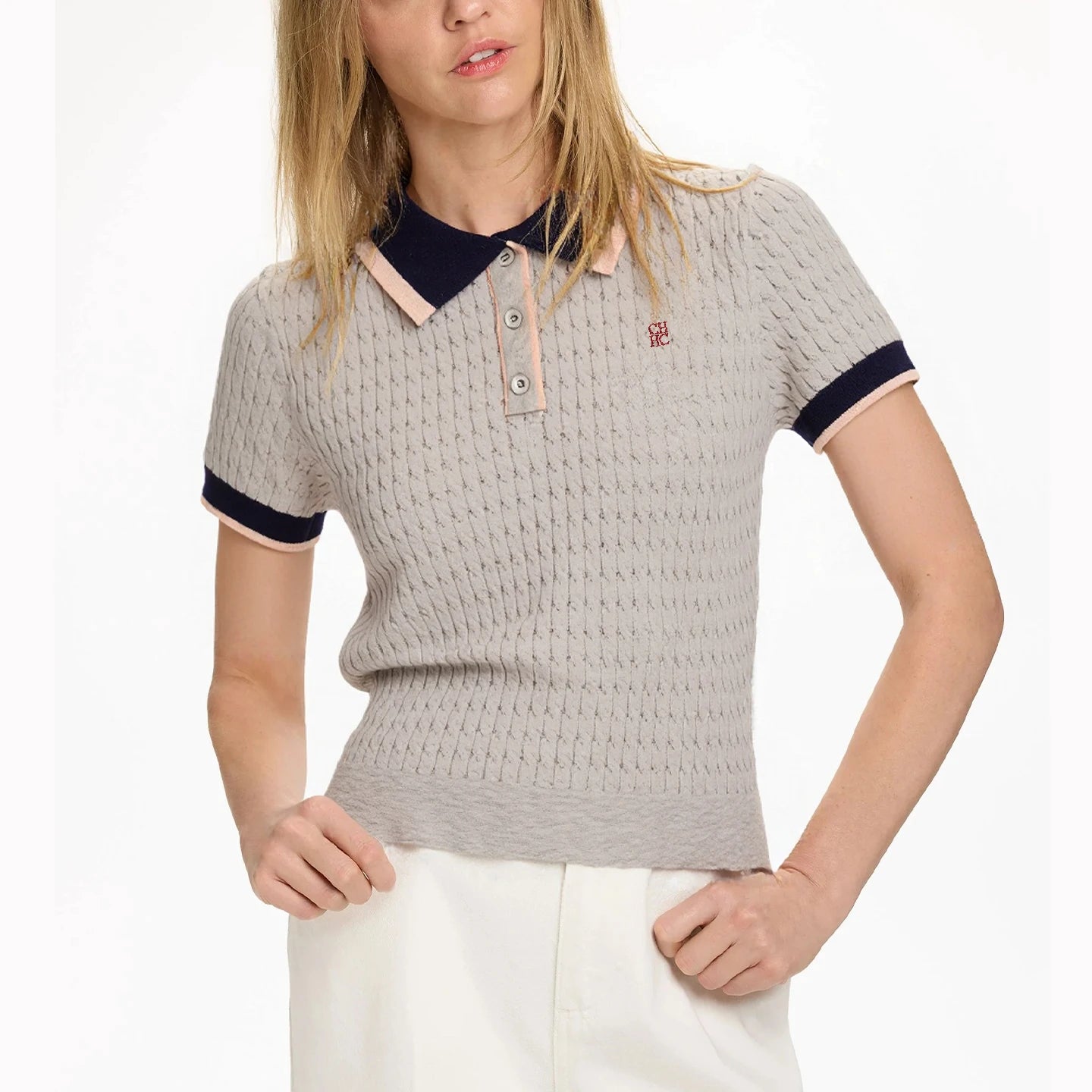 CH Solid Color Embroidered Knit Polo Shirt Women Elegant Short Sleeve Ribbed Trim Office Casual Tops
