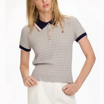 CH Solid Color Embroidered Knit Polo Shirt Women Elegant Short Sleeve Ribbed Trim Office Casual Tops