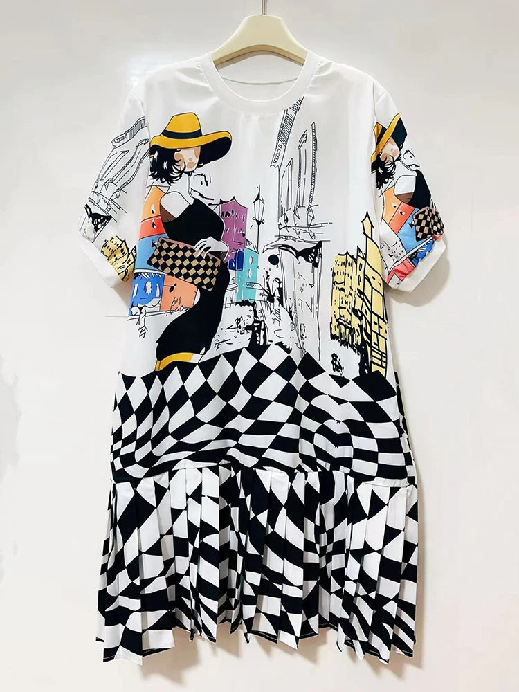 Retro geometric print round neck pullover dress 2026 summer women's T-shirt skirt fashionable loose oversized puffy skirt