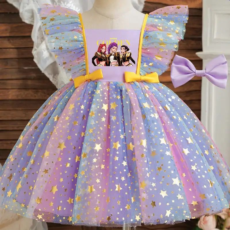 K-Pop Hunters Zoey Rumi Princess Dress for Girls Sequined Star Ruffle Bow Tutu Baby Formal Gala Prom Gown Kids Party Costume