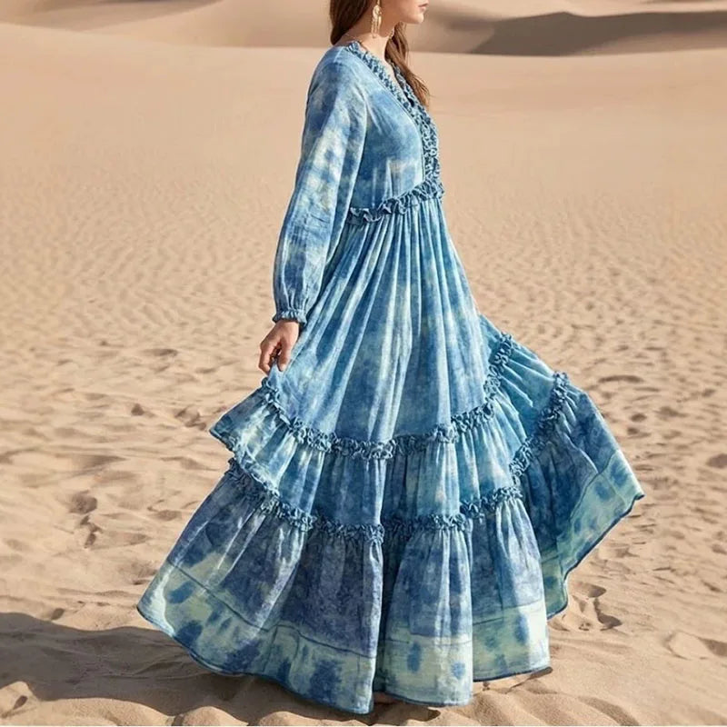 Women Tie Dye Maxi Dress Deep V Neck Ruffle Trim Lantern Long Sleeve Tiered Ruffle Swing Flowy Boho Beach Holiday A-Line Dresses