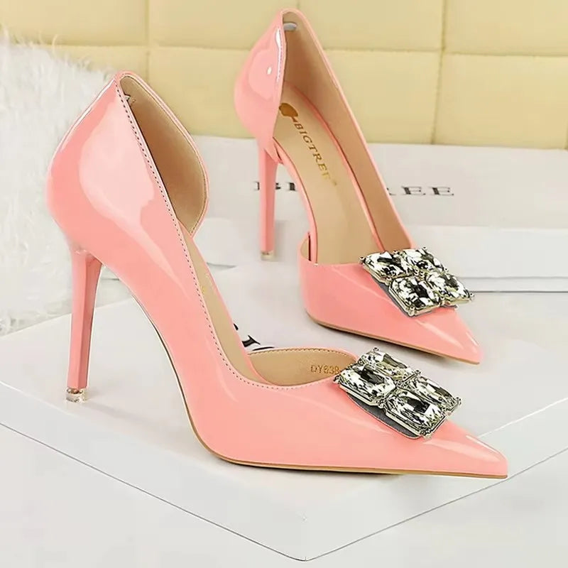 BIGTREE Shoes NEW Luxury High Heels Rhinestone Design Women Pumps Patent Leather Female Heels Stilettos Fashion Sexy Party Shoes