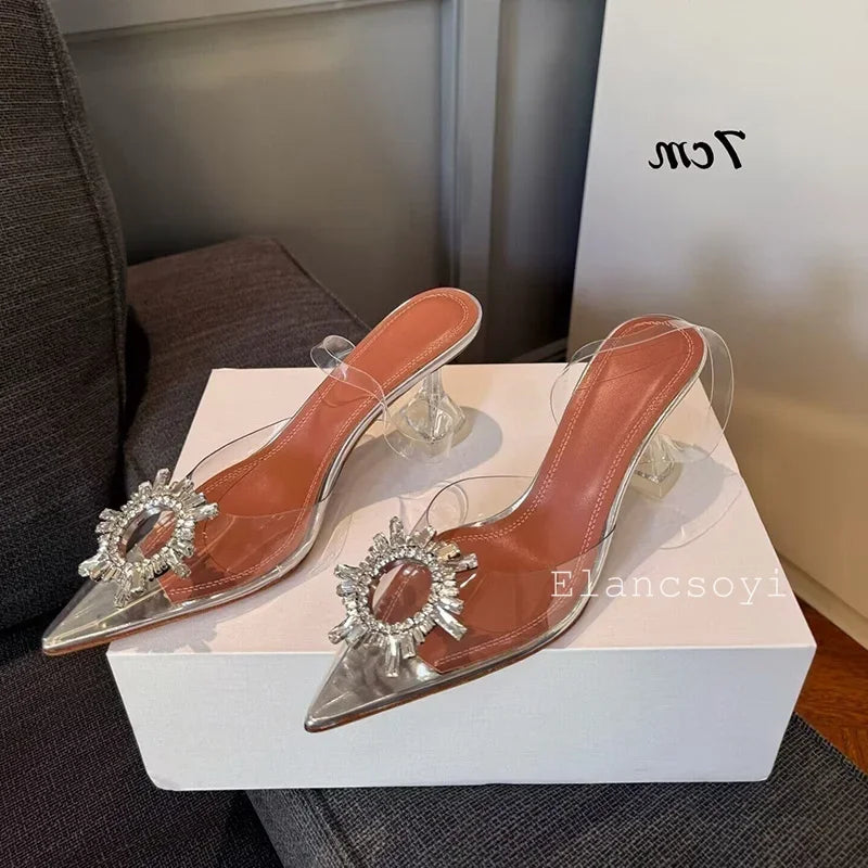 Summer Crystal Flower High Heels Women Transparent PVC Cup Heels Sandals Pointed Toe Back Strap Sandalias Sexy Party Dress Shoes